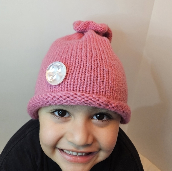 Hand Crafted Mauve Pink Hand knit Beanie Unisex Handmade crochet cap floral top - Picture 16 of 17